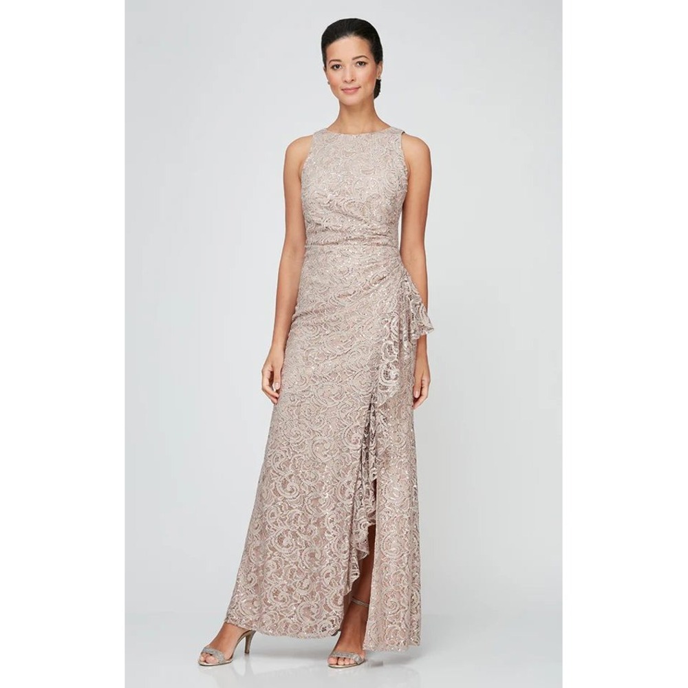 Alex Evenings Elaine Sleeveless Lace‎ Gown Ruffle Front Slit Dress Buff 8 NWT
